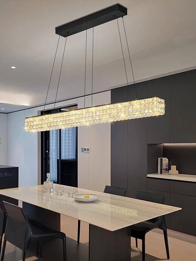 W48 Rectangle Chandeliers for Dining Room, Modern Crystal Pendant Lights by Ykolupty