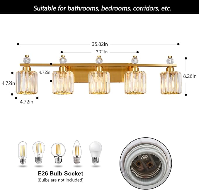 Bathroom Vanity Lights 5-Light Gold Modern Crystal Vanity Light Fixtures Over - Image 5