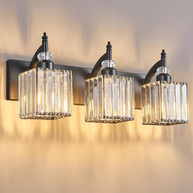 Modern Bathroom Vanity Light 3-Light Black Crystal Light Fixtures Over Mirror by BBLLWJ