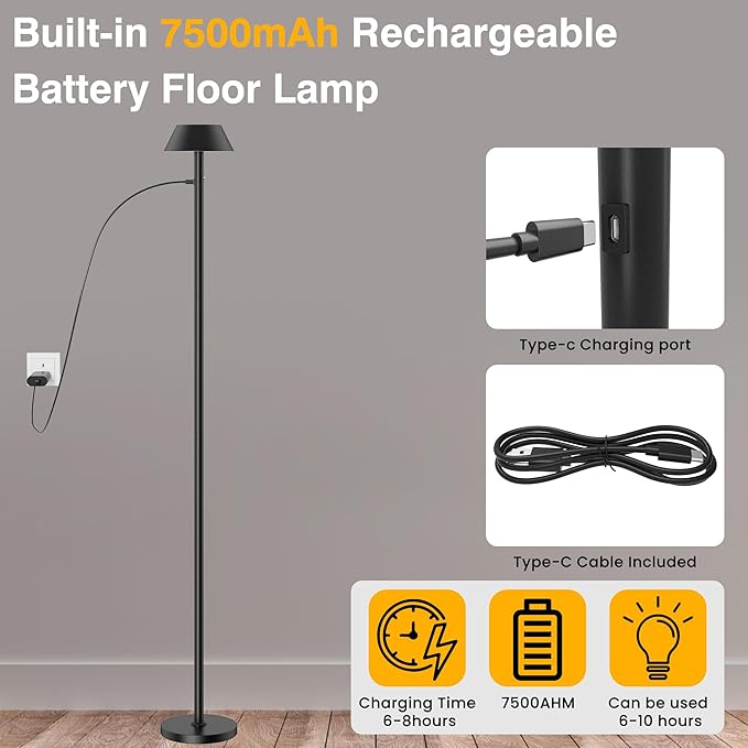 Portable Cordless Floor Lamp | Adjustable Height Reading Lamps Floor Standing | - Image 6