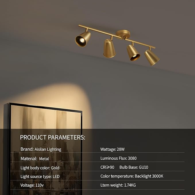 Aisilan LED 4-Light Track Lighting Fixtures Ceiling, Brushed Gold GU10 Track - Image 6
