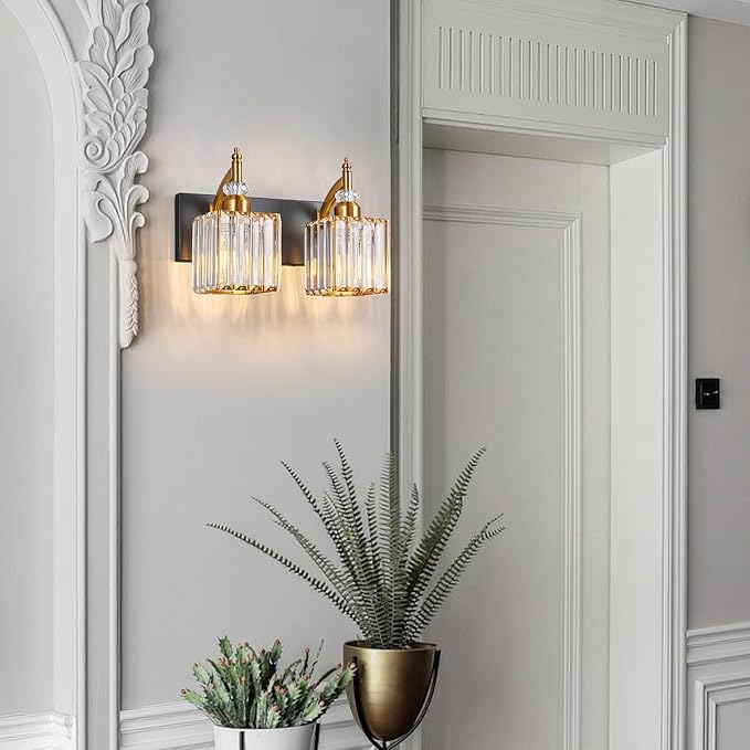 Modern Bathroom Vanity Light 2-Light Black and Gold Crystal Light Fixtures Over - Image 7