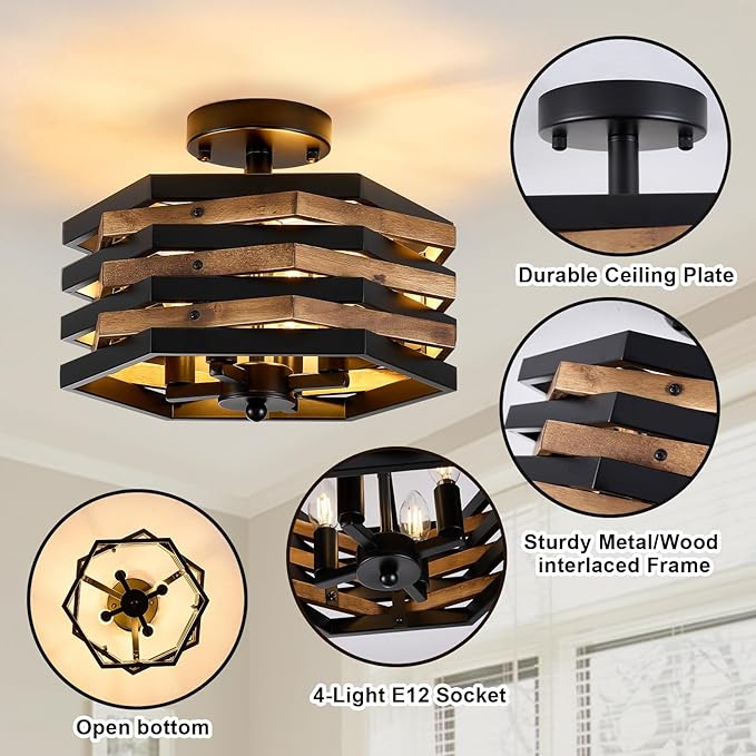 Farmhouse Rustic Wood Flush Mount Ceiling Light Fixtures, 4-Light Close to - Image 4