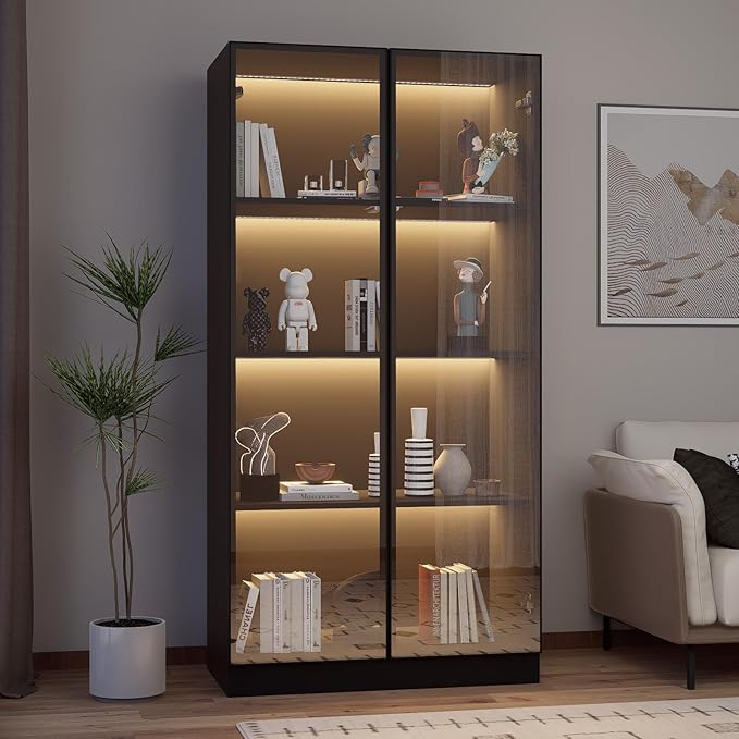 Glass Display Cabinet with LED Lights Set of 2, Display Case Bookcase with - Image 3