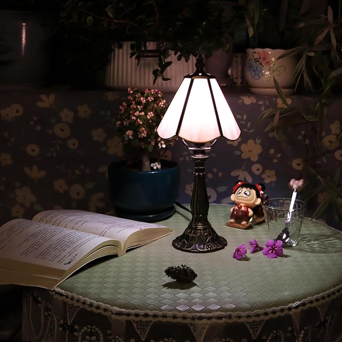 Small Tiffany Table Lamp Pink Stained Glass Desk Lamps 6X6X14 Inch Bronze Resin - Image 6