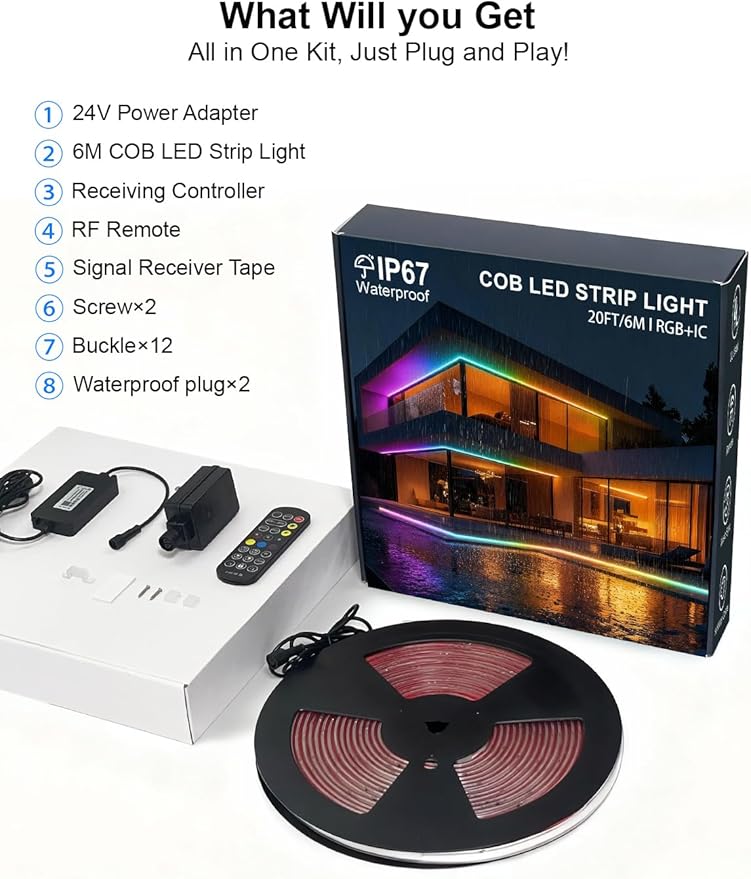 COB LED Strip Lights, RGB Smart IC, IP67 Waterproof, Dimmable 20FT/6M, Color - Image 9