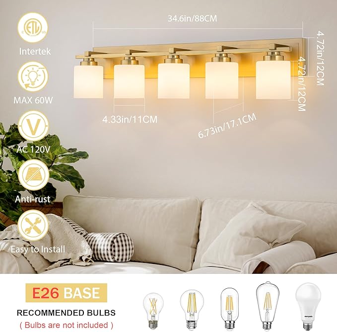 5 Light Modern Bathroom Light Fixtures Over Mirror, Brass Finish Vanity Lights - Image 5