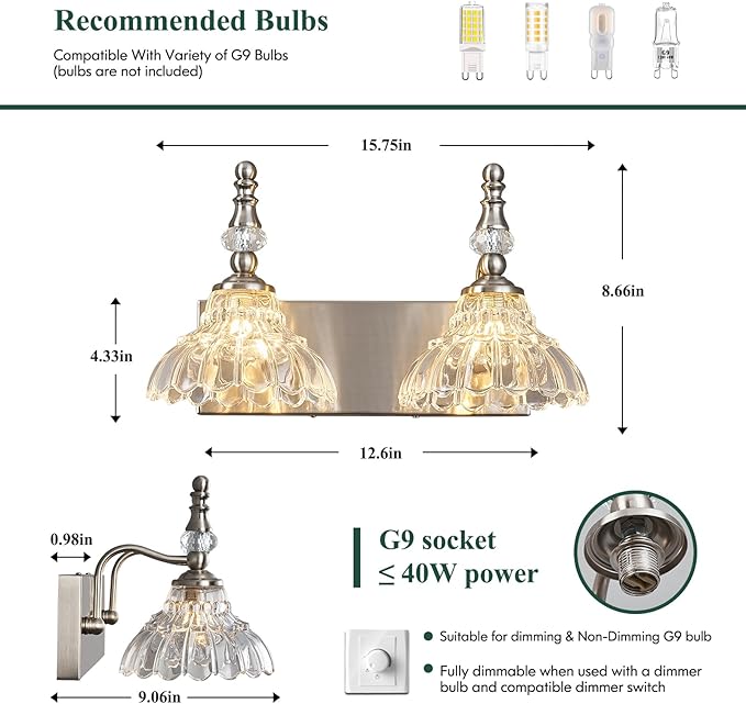 Vintage Bathroom Vanity Light, 2-Light Brushed Nickel Vanity Lighting Fixture - Image 2