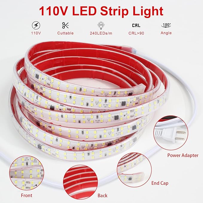 LED Lights 6.56FT AC 110V Outdoor LED Strip Lights Waterproof 240LEDs/m 4000K - Image 3
