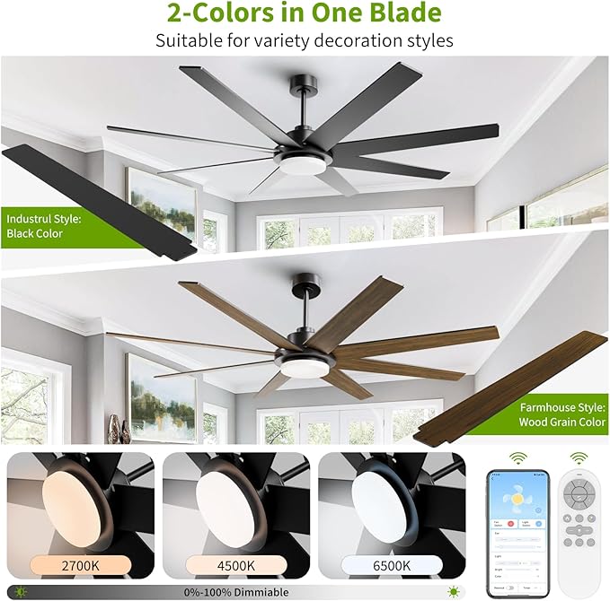 72 Inch Ceiling Fans with Lights and Remote APP Control, Outdoor Indoor Black - Image 2