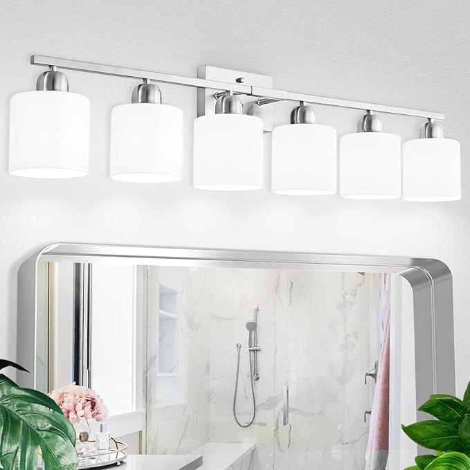 Brushed Nickel Vanity Light for Large Mirror, 6 Light Bathroom Lighting by FAISHILAN