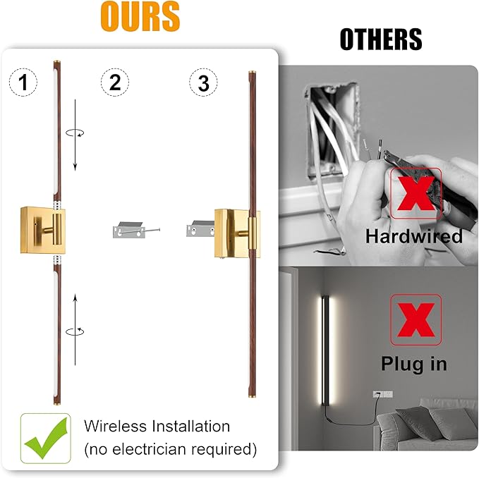 40″ Walnut Battery Operated Wall Sconces, Dimmable Wall Sconce - Image 4