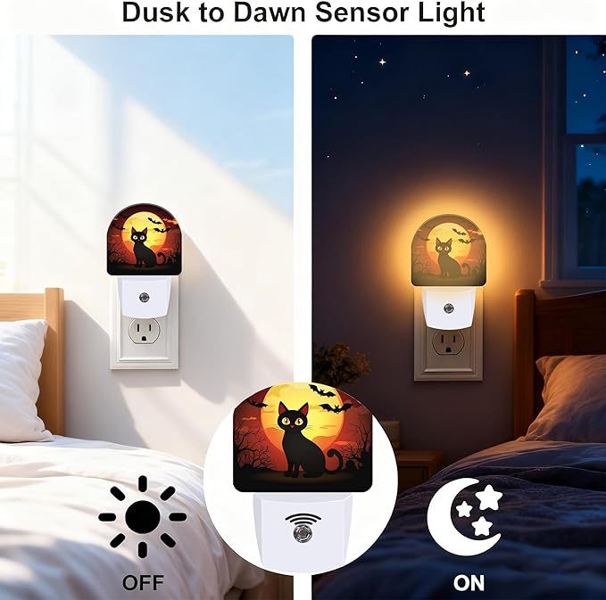 Halloween Black Cat Night Light, Dusk-to-Dawn Auto Sensor Plug in Night Light - Image 3