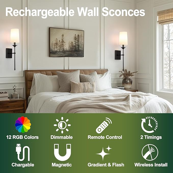 TERLEENART Rechargeable Battery Operated Wall Sconces Set of 2, Dimmable Black - Image 3