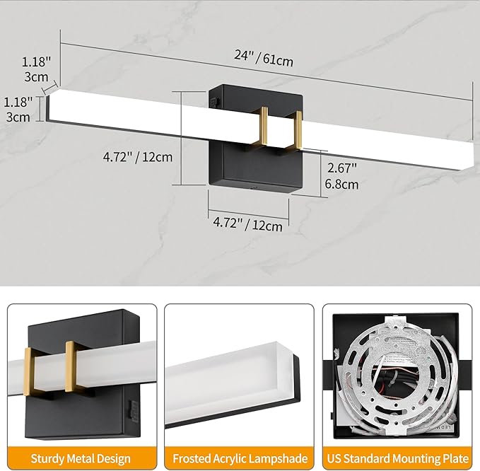 Modern Black and Brass Vanity Light Bar 24 Inch, 16W 5CCT Dimmable Bathroom - Image 3