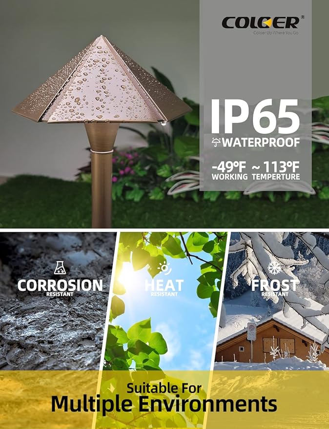 COLOER 4-Pack 12V Brass Outdoor Low Voltage Garden Path Lights - Image 5