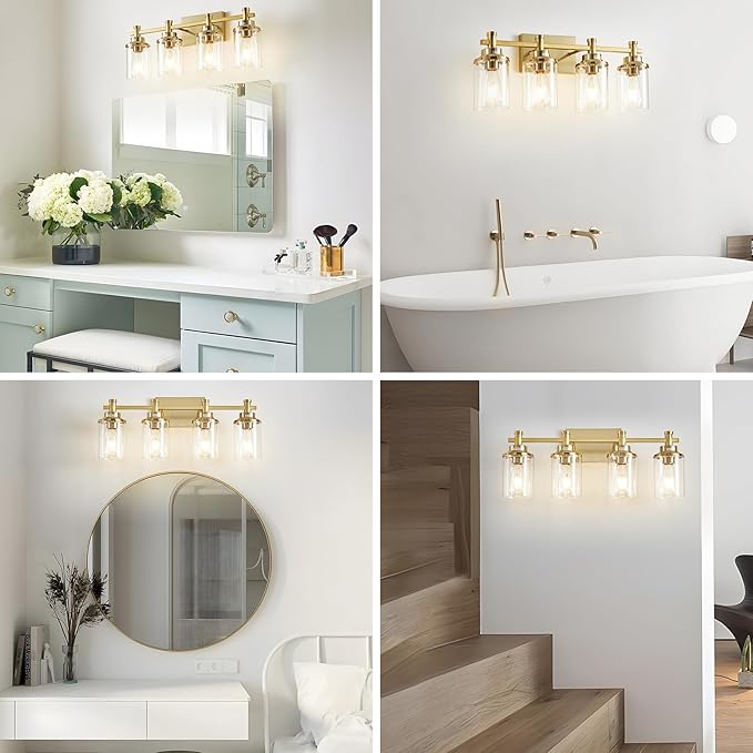 4 Light Brushed Brass Vanity Light Over Mirror, Vintage Wall Sconce - Image 7