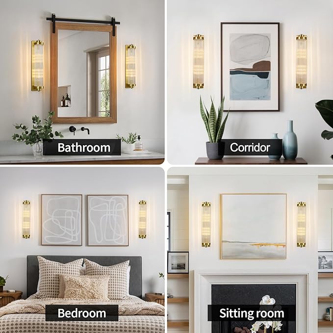Gold Wall Sconces with Crystal Glass Strip Bathroom Sconces 2 Light E12 Base - Image 5