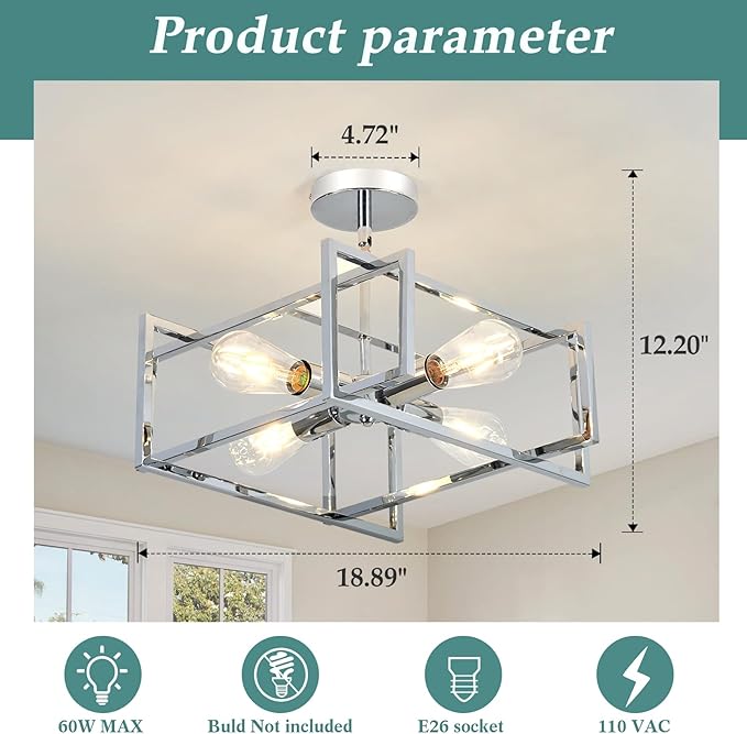 ZGLAOJT 4-Lights Ceiling Light Chrome Light Fixture Industrial Flush Mount - Image 2
