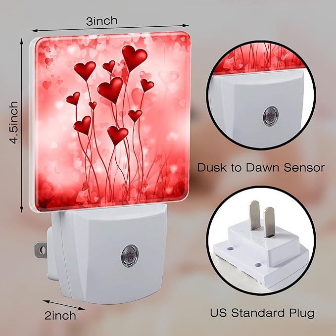 Red Hearts Night Light Plug into Wall, Romantic Sweet Heart Dusk to Dawn Night - Image 2