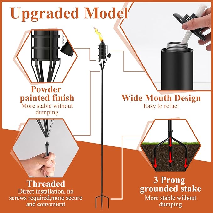 Upgraded Citronella Garden Torch Set of 6, Large Capacity 16oz Metal Torch - Image 3