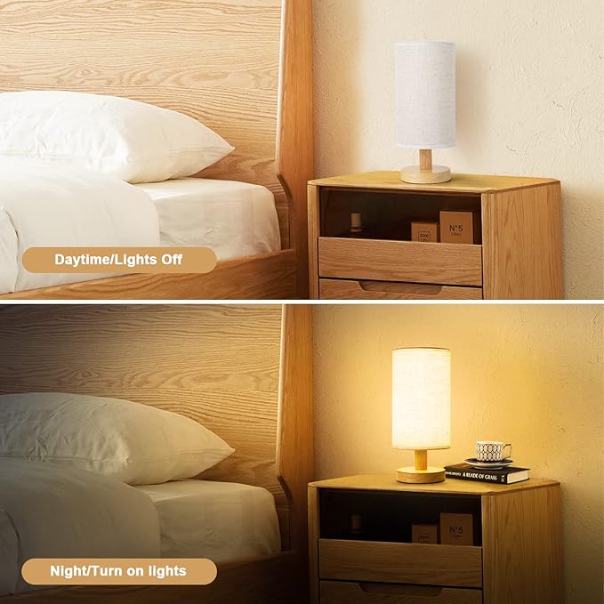 Small Bedside Table Lamp for Bedroom, Minimalist Wood Base & Round Fabric Shade - Image 6