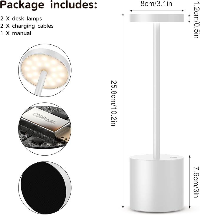 2Pack Cordless Table Lamp, Rechargeable LED Battery 5000mAh Metal USB Portable - Image 7