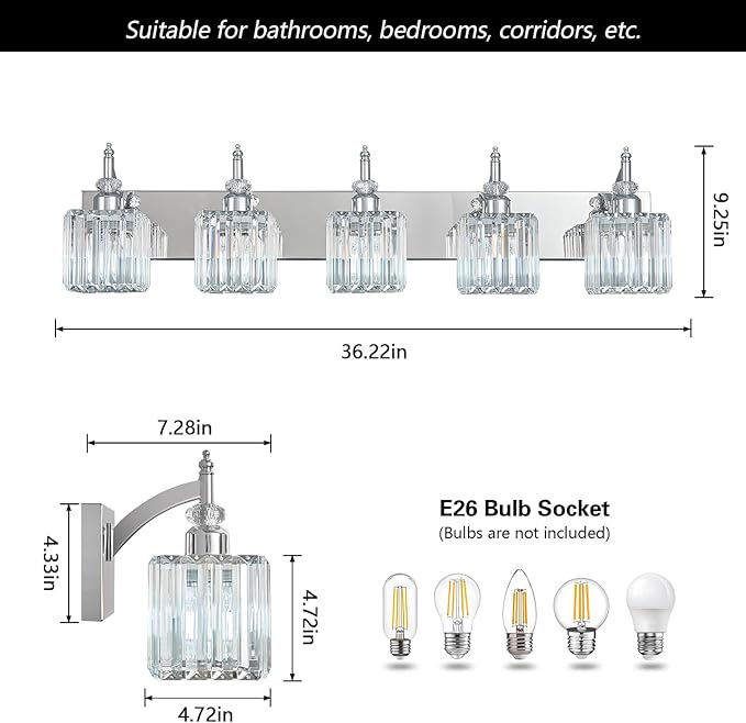 Crystal Vanity Lights Chrome 5 Light Bathroom Light Fixtures Over Mirror Modern - Image 4