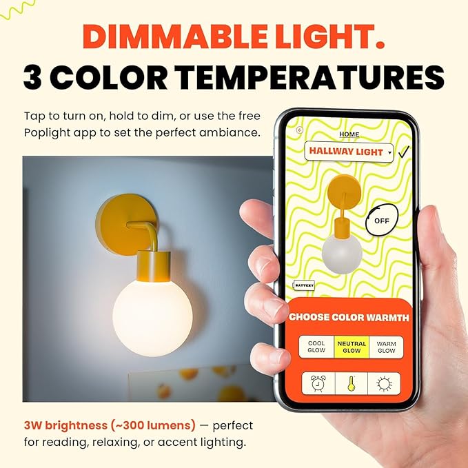 Wireless Wall Sconce Rechargeable & Dimmable LED Light w/App Control & - Image 3