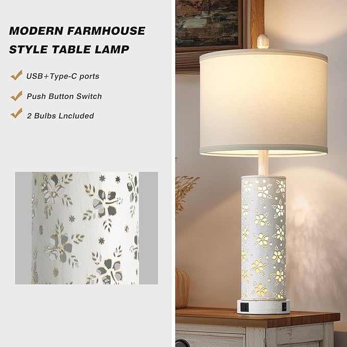 Set of 2 Rustic Table Lamps for Living Room Bedroom, Vintage Farmhouse - Image 3