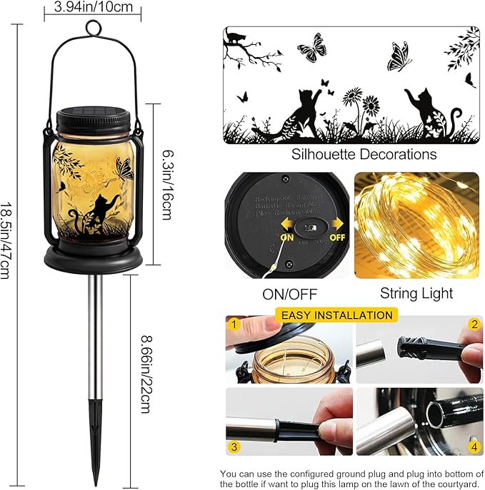 2 Pack Cat Solar Lanterns, Outdoor Hanging Solar Lantern - Image 6