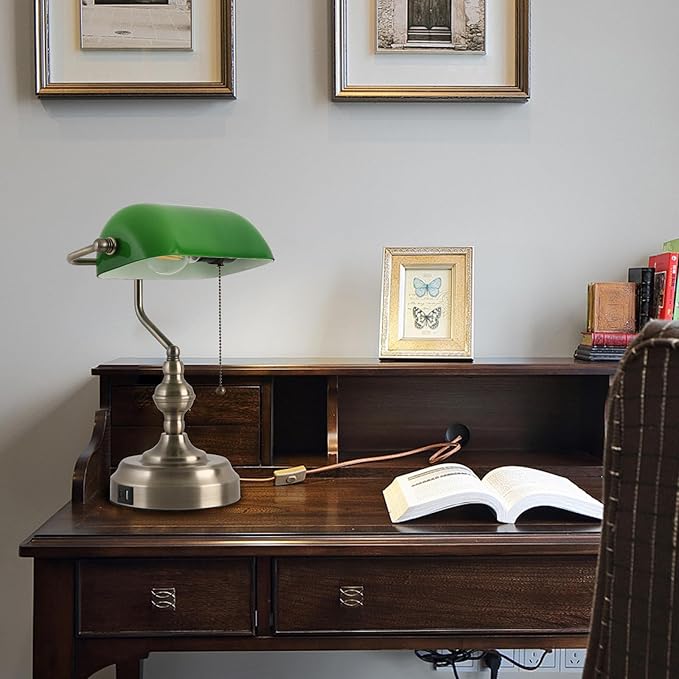 Green Glass Banker's Desk Lamp, Antique Banker Desk Lamps, Traditional Library - Image 7