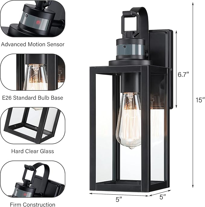 Pia Ricco Motion Sensor Outdoor Wall Lantern, Dusk to Dawn Lighting Sconce - Image 6