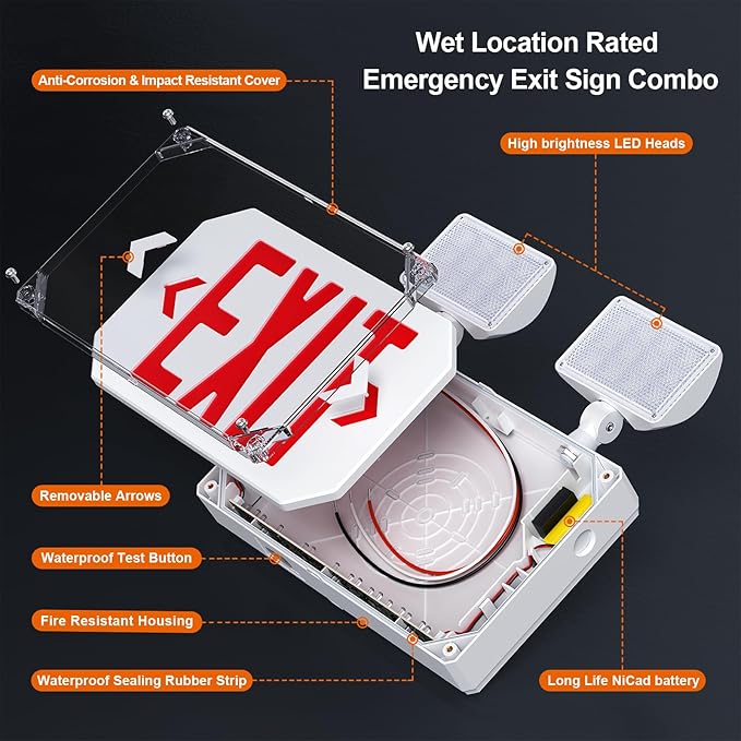 Wet Location Exit Sign with Emergency Lights, Exterior Red LED Exit Light Combo - Image 5