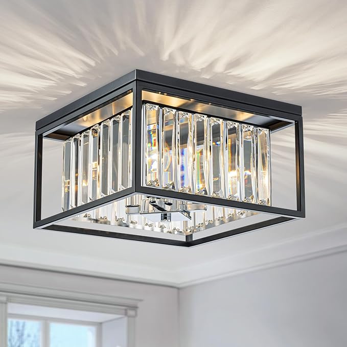 4-Lights K9 Crystal Ceiling Light, Close to Ceiling, 2-Tier Square Flushmount - Image 2