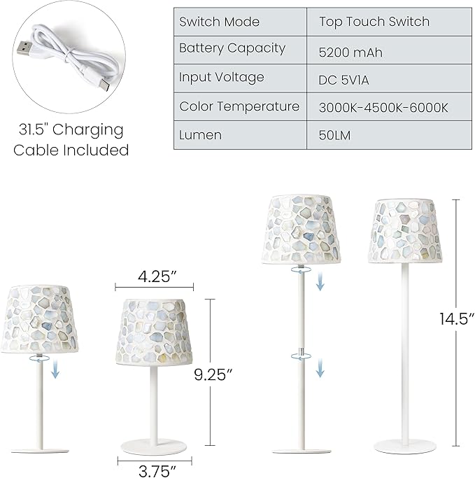AELS Mosaic Rechargeable Lamps Cordless White Lamps Set of 2, 5200mAh Handmade - Image 6