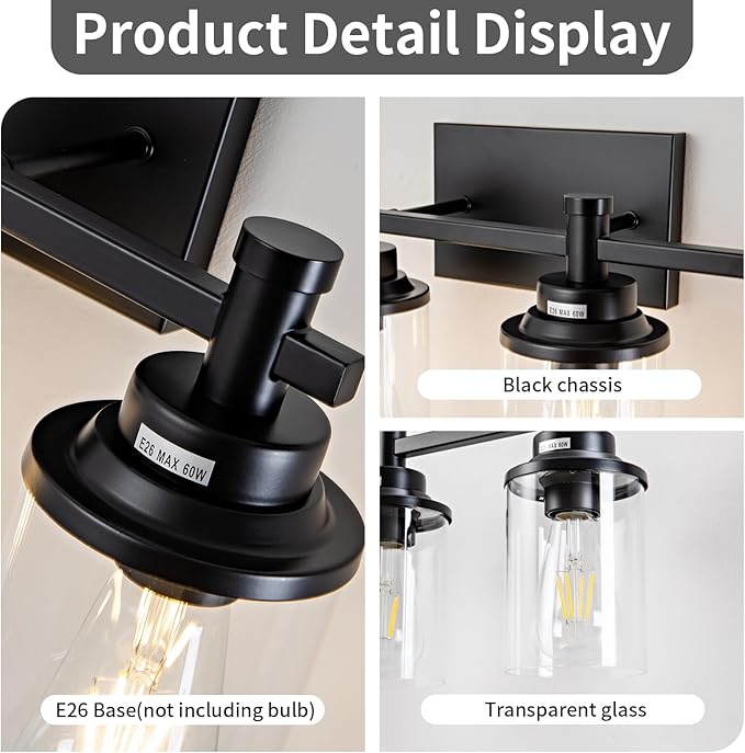 3 Light Bathroom Light Fixtures, Modern Black Vanity Lights Over Mirror - Image 4