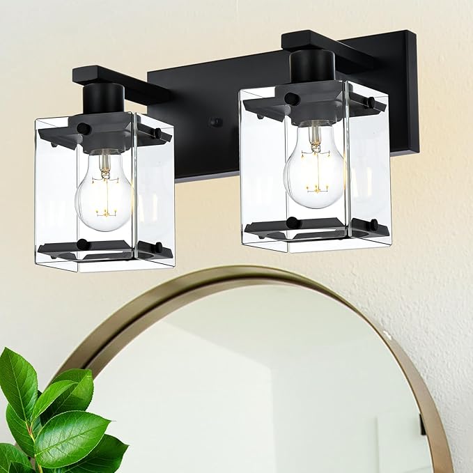 Black 2-Light Wall Sconce Bathroom Light Fixture, Rectangular Clear Glass by WINSHENLighting