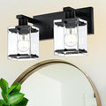 Black 2-Light Wall Sconce Bathroom Light Fixture, Rectangular Clear Glass by WINSHENLighting