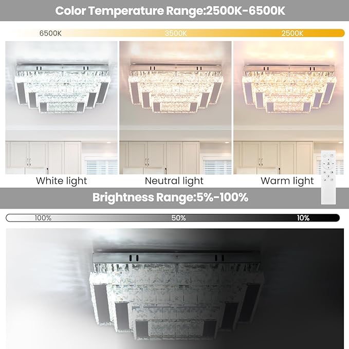 Finktonglan Modern Square Crystal LED Ceiling Light Fixture, 15” Dimmable - Image 4
