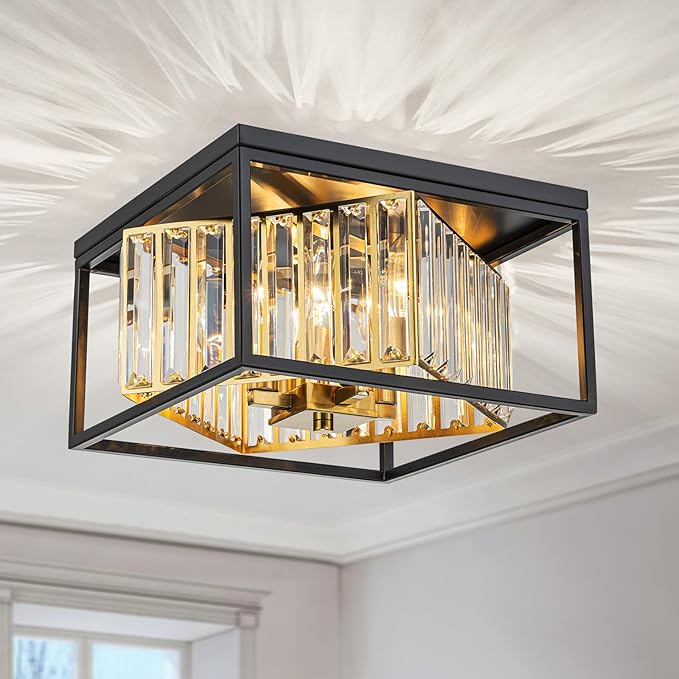 4-Lights Crystal Ceiling Light, 2-Tier Square Flushmount Light Fixture by LumFurn