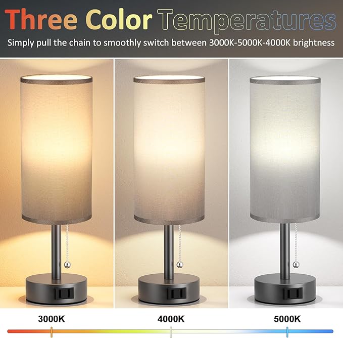Fenmzee Dark Grey Bedside Table Lamps Set of 2-3 Color Temperatures Pull Chain - Image 2
