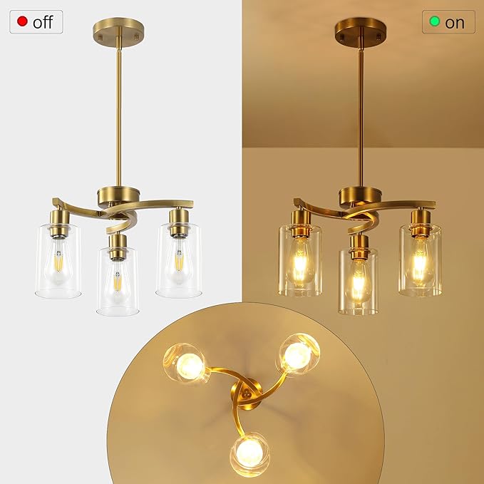 3 Light Brushed Gold Chandelier - Image 6