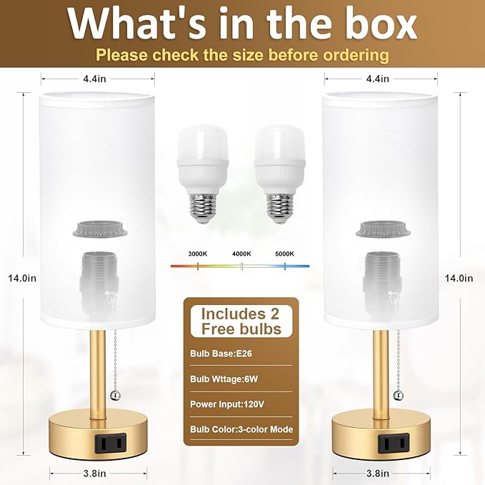 Fenmzee Gold Bedside Table Lamps Set of 2-3 Color Temperatures Pull Chain Lamp - Image 4