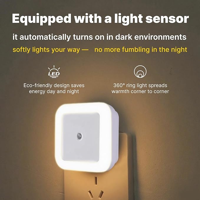 Smart Auto-Dimming Square LED Night Light Bedside Lamp, 0.5W Plug-in - Image 6