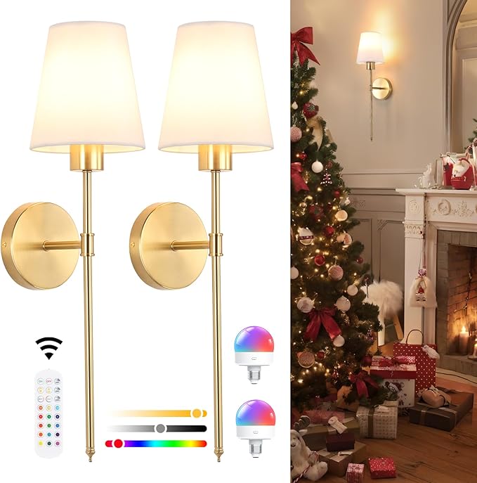 Fabric Wall Sconce Battery Operated Set of 2, Rechargeable Wall Lights by Shenmoyl
