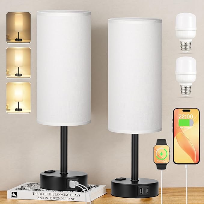 White Bedroom Lamps Set of 2-3 Way Dimmable Touch Table Lamps - Image 7