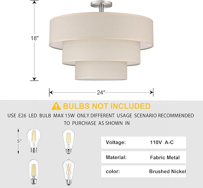 Doraimi Lighting 3 Tier Linen Drum Fabric Semi Flush Mount Light Modern - Image 2
