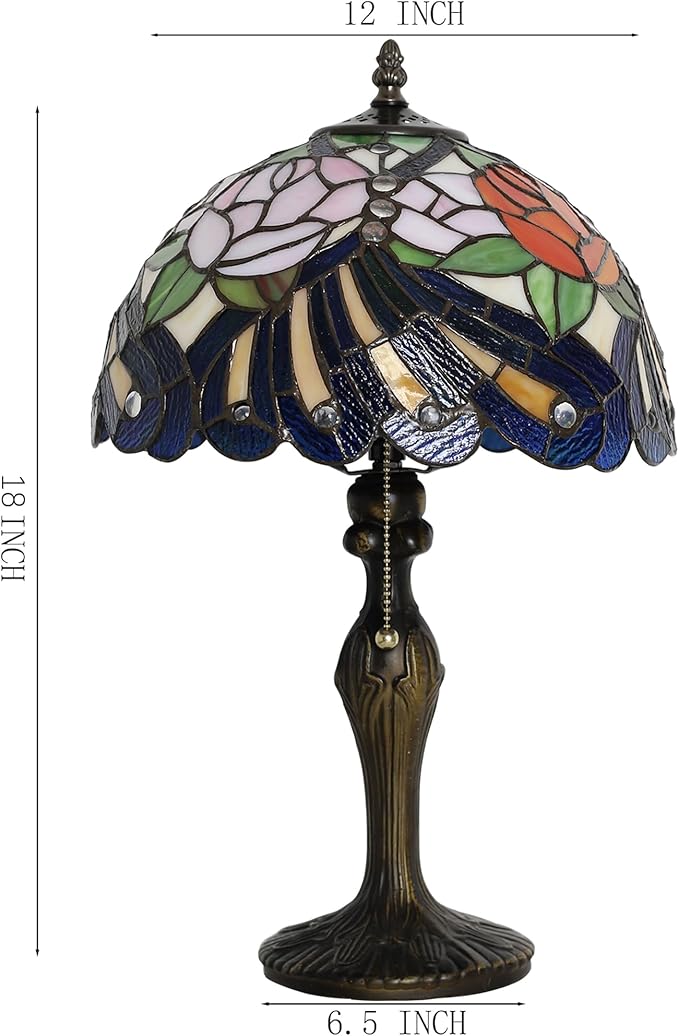 Tiffany Lamp Stained Glass Table Lamp 12” x 19” Rose Feather Style Decorative - Image 8
