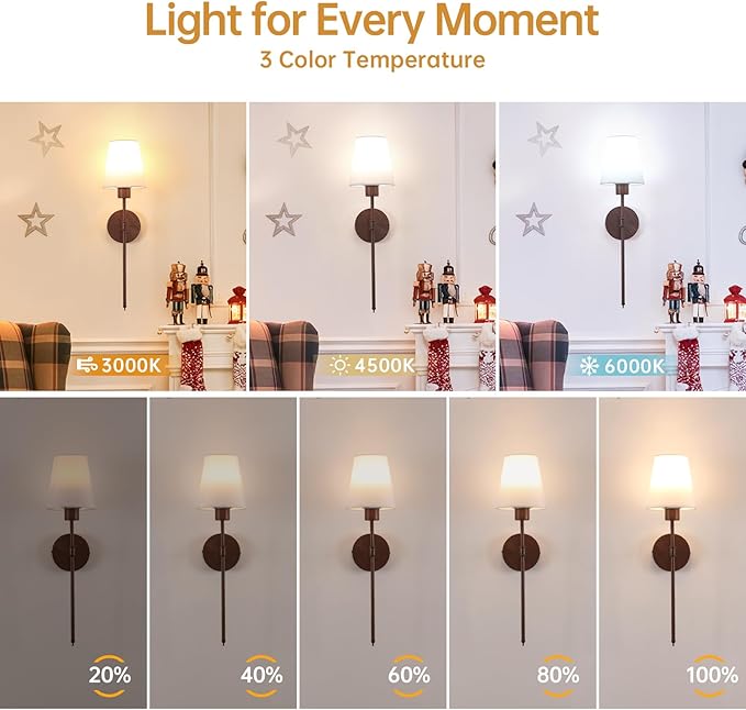 Battery Operated Wall Sconces Set of 2, Walnut Color Wall Lamp 5000 mAh - Image 7